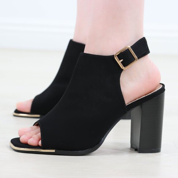 Block Heel Peep Toe Sandals Women’s Black Velvet Gold Buckle Ankle Strap - Picture 7 of 15